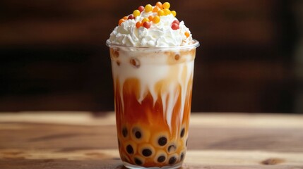 A refreshing glass of bubble tea topped with whipped cream and colorful pearls, set on a wooden table, capturing the trendiness and delightful flavors of this popular drink.