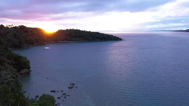 Philippines sunrise on a island shot on drone. in puerto galero