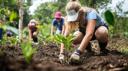 Volunteers plant trees in a deforested area, working to restore the environment and promote biodiversity