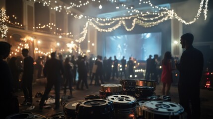 Haunted cinema Halloween party, guests dressed as classic movie monsters, flickering film reels playing on the walls, eerie music filling the air