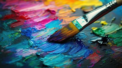 Obraz premium Bright splashes of color cover a palette as a paintbrush mixes hues on canvas, showcasing abstract artistic expression and creativity. Generative AI