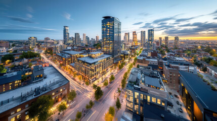 Fototapeta premium Blue hour sky with city lights starting to twinkle, perfect for capturing the calm and serene transition from day to night in urban settings.