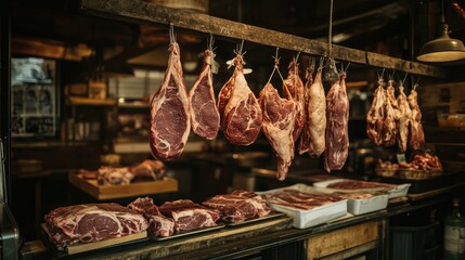 A rustic butcher shop showcasing various cuts of meat hanging from hooks, highlighting the craftsmanship and tradition behind butchery and meat preparation.