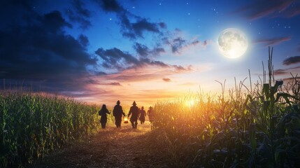 Fototapeta premium Haunted corn maze party, costumed friends navigating through towering stalks, eerie shadows, dim lanterns lighting the way, full moon above