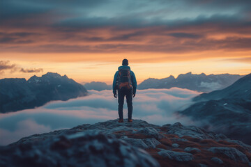 Portrait of mountain conqueror on the peak of the mountain, Man with backpacker on the top of the world, Selective focus man on the snow mountain with the sea of fog view.