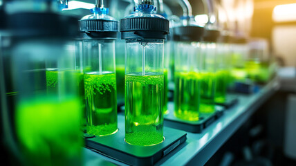 Laboratory setup showcasing green liquid cultures in clear bottles during a research session