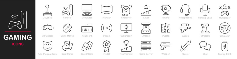 Set of 30 outline icons related to video games. This outline icon set includes game controller, joystick, headset, console, gaming PC, gaming and more. Editable stroke. Vector illustration © mi-vector