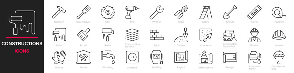 Set of 30 outline icons related to construction. This outline icon set includes helmet, hammer, wrench, crane, repair tools, builder, engineering and more. Editable stroke. Vector illustration