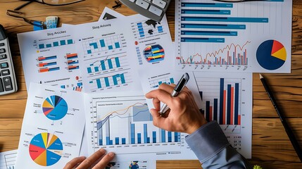 A financial analyst reviewing data with various stock performance charts, graphs, and investment reports spread across a desk in an office environment.