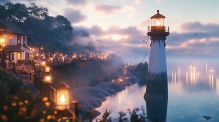 Obraz premium Haunted Halloween lighthouse party, eerie fog surrounding the cliffs, glowing lanterns hanging from the tower, costumed guests enjoying the spooky view