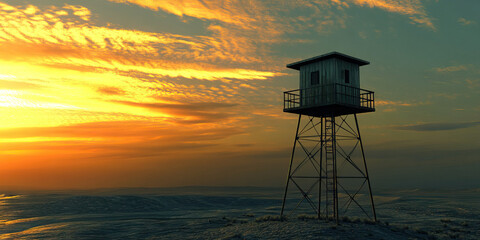 A solitary guard tower, watchful over a desolate landscape.