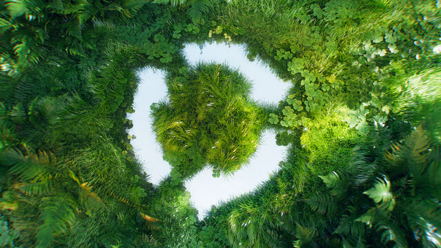 3D rendering of a circular eco-symbol made of grass, ferns, and lush greenery, representing sustainability, recycling, and nature's cyclical balance. Ideal for environmental themes.