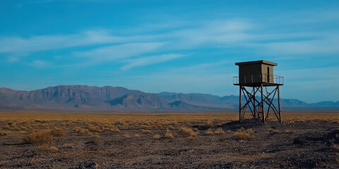 A solitary guard tower, watchful over a desolate landscape.