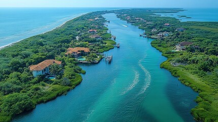 Fototapeta premium Aerial View of Cedar Key, Florida Highlighting Coastal Landscape and Serene Waterscape Features