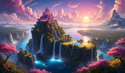 A beautiful landscape with a castle and waterfalls. The sky is pink and the sun is setting