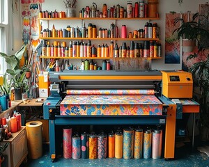 Naklejka premium Bright and Colorful Workspace with a Vinyl Printer and Creative Supplies for Design Projects