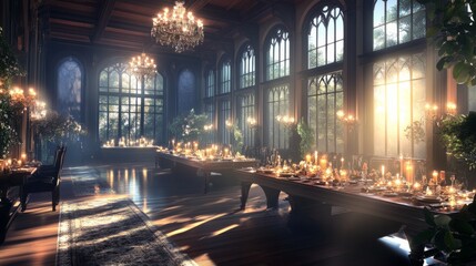 Haunted manor hosting a Halloween banquet, flickering candles, shadows dancing on the walls, guests in dark, elegant costumes