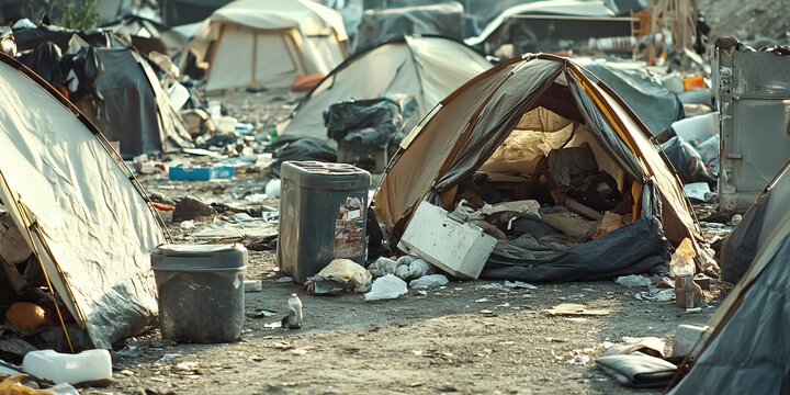 Upended tents and scattered belongings of a displaced community.