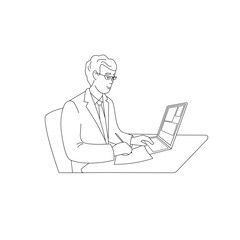 Business man in glasses is writing and working at a laptop. Vector isolated illustration in line stylr.