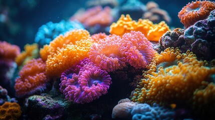 Close-Up of a Vibrant Marine Habitat Showcasing Colorful Corals and Diverse Underwater Life