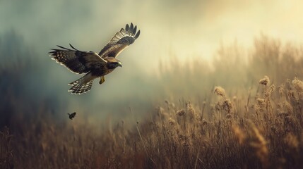 Majestic Hawk Soaring Through Misty Meadow