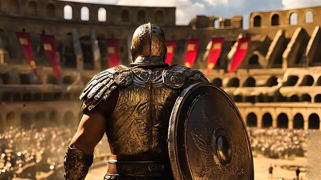 Armored gladiator standing in a grand ancient arena, holding a shield, ready for battle, symbolizing strength, history, and competition.