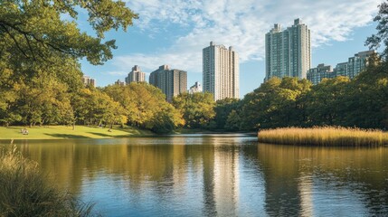 A serene view of a city park in the foreground, contrasting with the towering skyscrapers in the background, capturing the balance between nature and urbanization