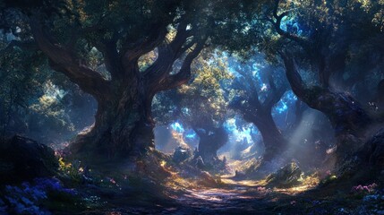 Mystical Forest Path with Glowing Lights and Lush Greenery