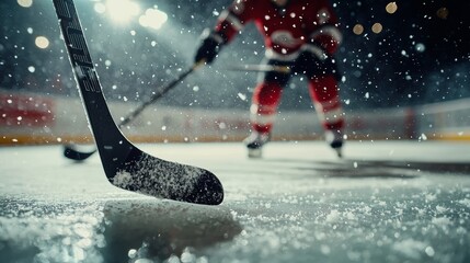 Close-up of a hockey stick on the ice with a player in red gear in the background. The low-angle shot captures the intensity of the moment with snow particles and stadium lights.