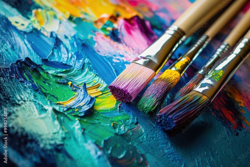 Aufkleber Bright splashes of color fill the palette while brushes lie on the canvas, showcasing beautiful abstract artistic expressions. Generative AI