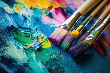 Fototapeta premium Bright splashes of color fill the palette while brushes lie on the canvas, showcasing beautiful abstract artistic expressions. Generative AI