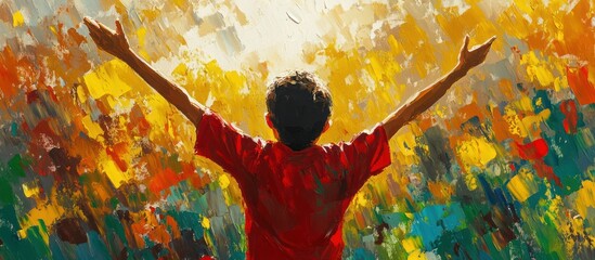 Fototapeta premium A young man with his arms raised in a gesture of worship or joy, standing in a field of colorful abstract shapes.