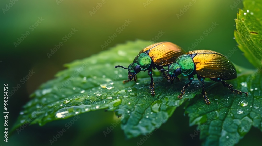 Poster a pair of beetles on a dew-drenched leaf, their shiny bodies reflecting the morning light, surrounde