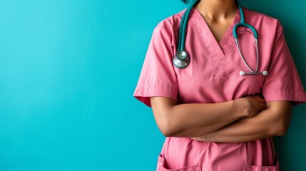 Compassionate healthcare professional in pink scrubs against a clean background for medical imagery