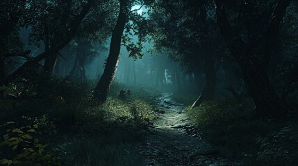 Fototapeta premium A dark and mysterious forest path lit by the moon.