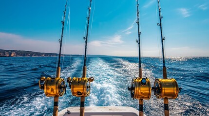 Four fishing rods with golden reels ready for action on a boat against a vast blue sea and clear sky, depicting an ideal setting for deep-sea fishing.