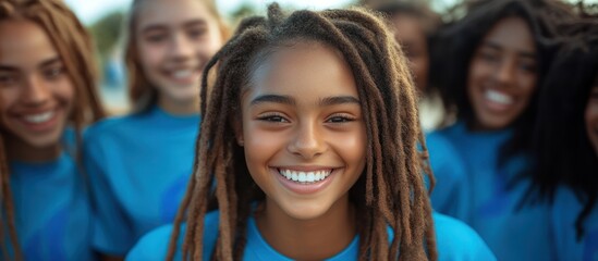 Fototapeta premium A young woman with dreadlocks smiles brightly, surrounded by friends in blue shirts, a joyful group of friends.