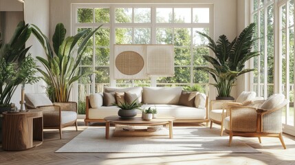 Obraz premium A spacious living room filled with natural light from large windows, featuring a comfy couch, stylish armchairs, and decorative plants, promoting a welcoming atmosphere.