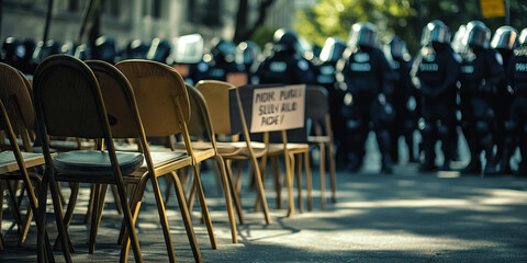 Silent Protest: A row of empty chairs with signs, in front of a line of riot police.