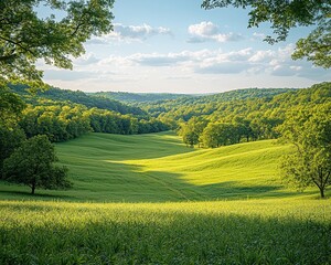 Obraz premium Lush Green Landscape with Vibrant Trees and a Clear Blue Sky in a Peaceful Natural Setting