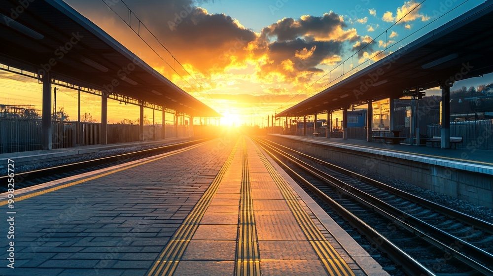 Poster a panoramic view of an empty train platform at sunset, with golden light reflecting on the rails, sy