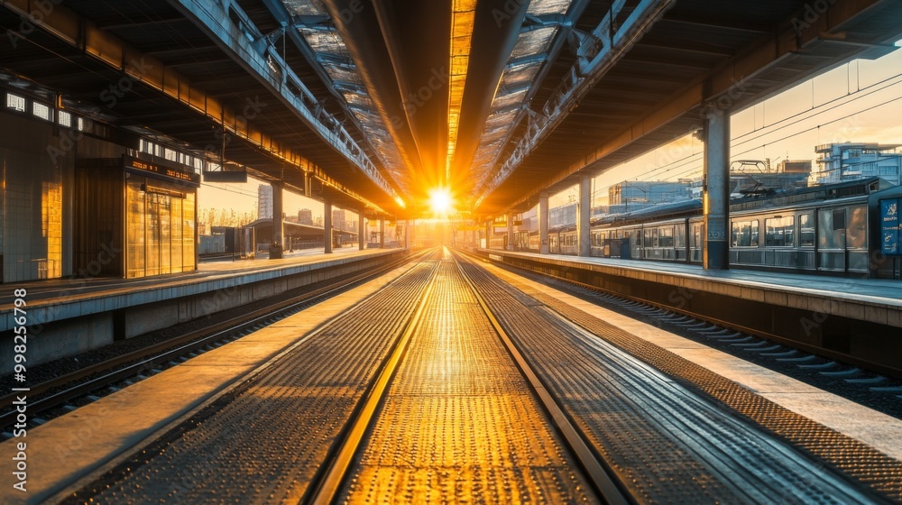Poster A panoramic view of an empty train platform at sunset, with golden light reflecting on the rails, symbolizing the peaceful end of a day journey.