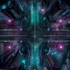 Fototapeta premium Cyberpunk Cityscape Battle Map for DnD, High-Resolution Digital Map for Tabletop RPGs, Top-Down View Sci-Fi Map with Neon-Lit Streets, Urban Adventure Setting for Futuristic Campaigns