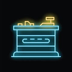 Glowing neon line cash register machine icon isolated on black background. Vector illustration