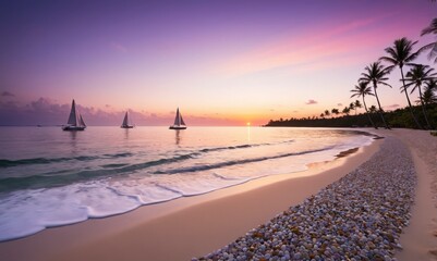 A beautiful beach with a sunset in the background. There are three sailboats in the water. The sky is a mix of purple and orange