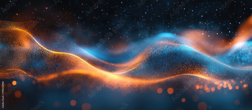 Wall mural abstract background with blue and orange glowing waves and bokeh lights.