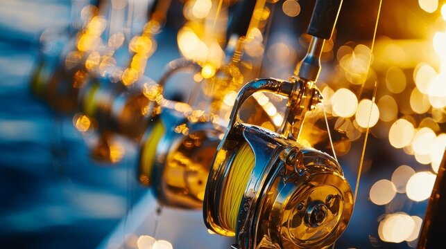 Close-up of golden fishing reels on rods, ready for action with the sea in the background, highlighting the thrill of deep-sea fishing under the sparkling sunlight.