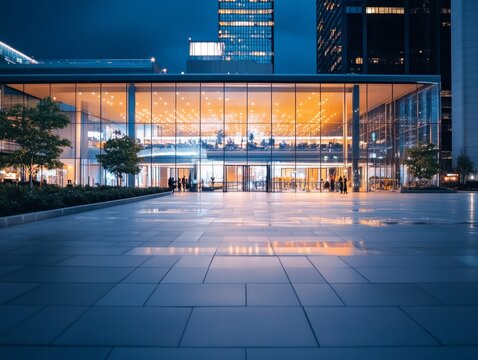 Modern glass building with a Halloween party inside sleek futuristic decorations