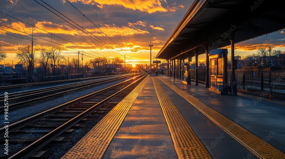 Aufkleber a panoramic view of an empty train platform at sunset, with golden light reflecting on the rails, sy