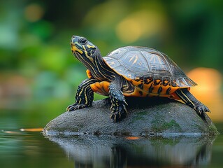 Obraz premium Serene Chinese Pond Turtle in Tranquil Reflection on Water Surface Surrounded by Lush Greenery